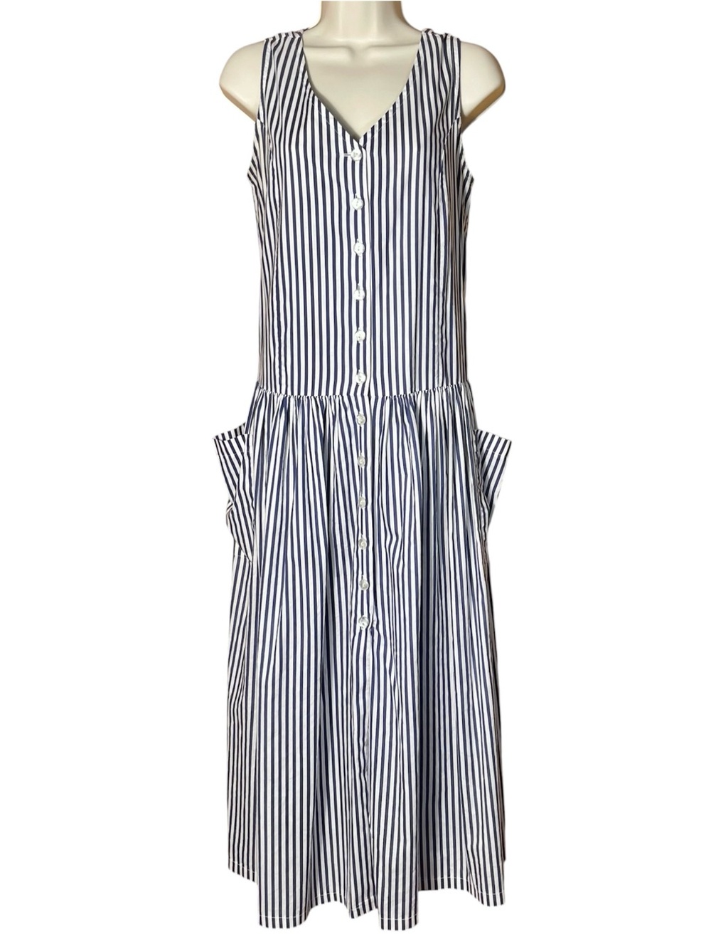 Vintage 80s Laura Ashley Striped Dress Cottage Pockets Cotton Prep UK 12 US 8